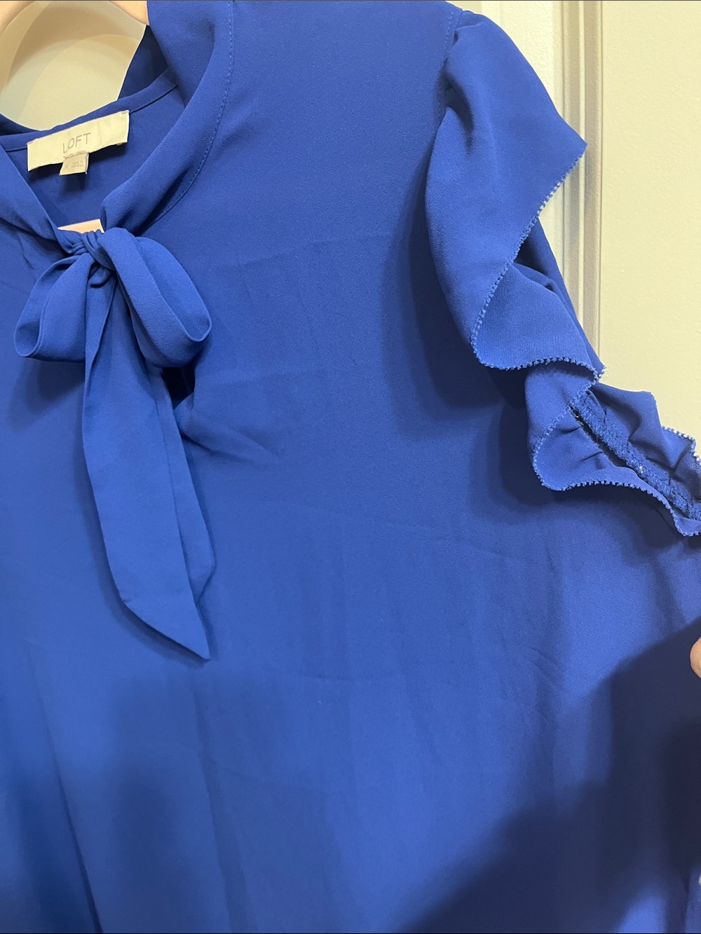 LOFT Cobalt Tie-Neck Flutter Sleeve Blouse - Picture 6 of 13
